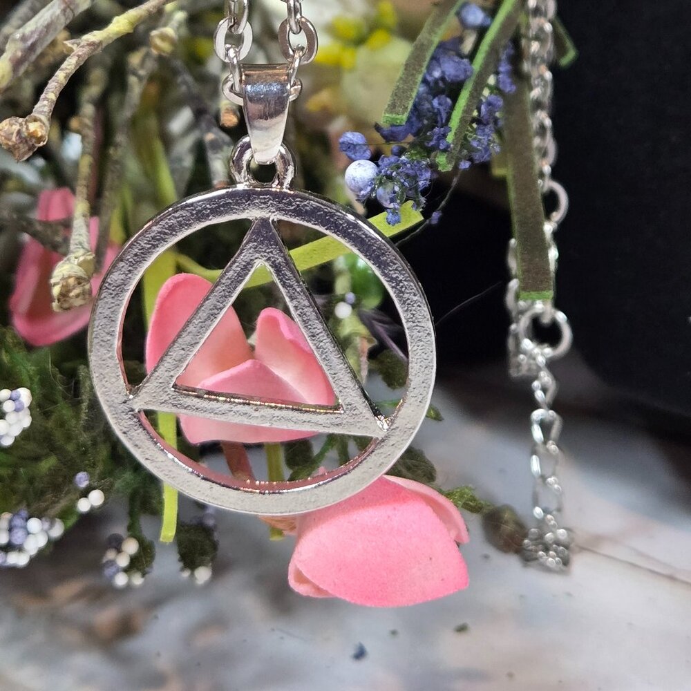 Silver AA Symbol Necklace • Recovery Triangle Pendant • Unisex
